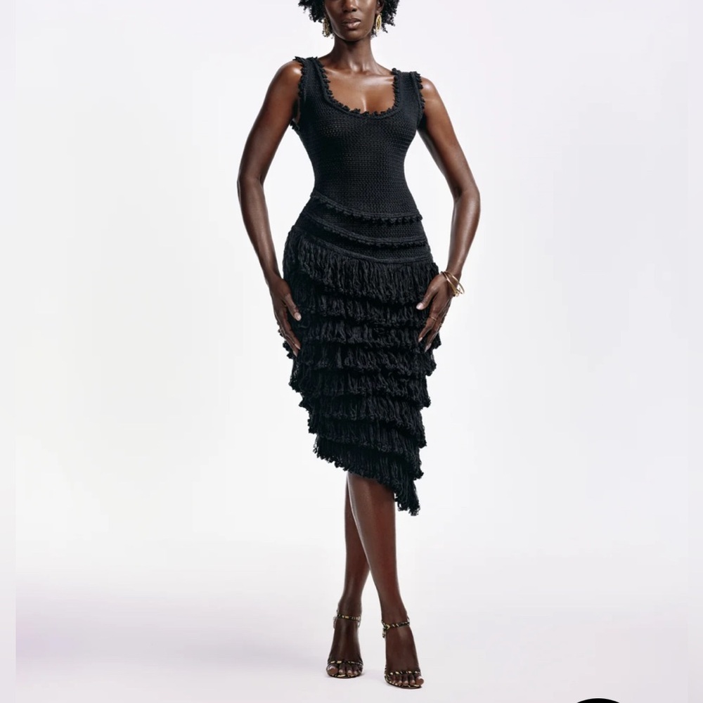 NWT Hanifa “Mia” Black Fringe Midi Dress
